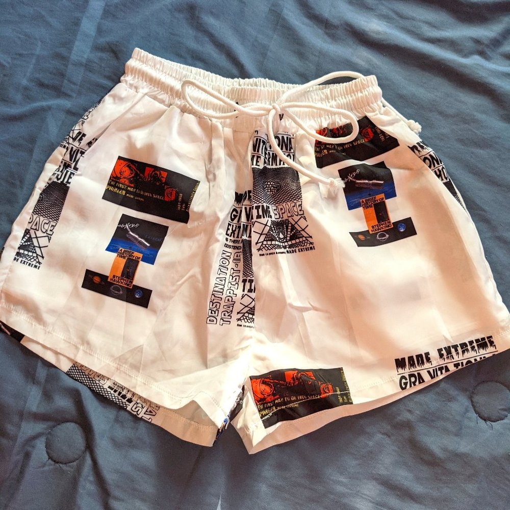 White Graphic Drawstring Shorts